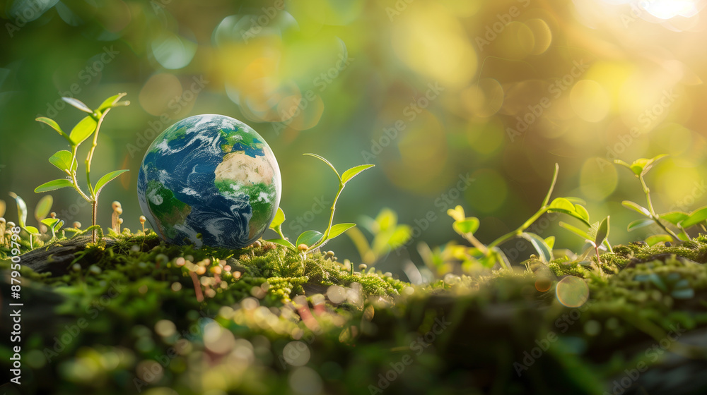 Small Green Plants Growing Around Globe in Sunlight Representing Earth Day Small Green Plants Growing Around Globe in Sunlight Representing Earth Day