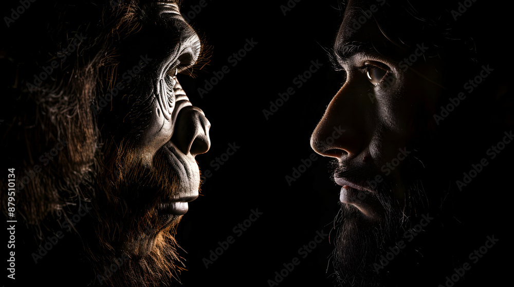 Profile view of hominids and humans staring at each other Profile view of hominids and humans staring at each other