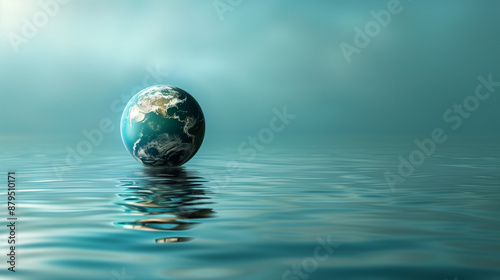 Earth Globe Floating on Calm Ocean Surface Representing Global Climate Change