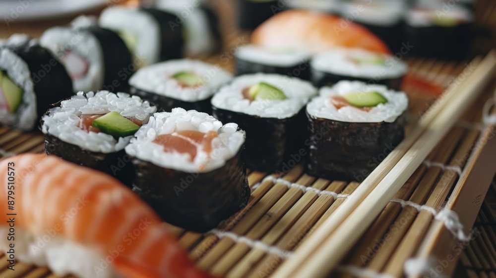 Close-up of fresh sushi platter on a bamboo mat with chopsticks Close-up of fresh sushi platter on a bamboo mat with chopsticks