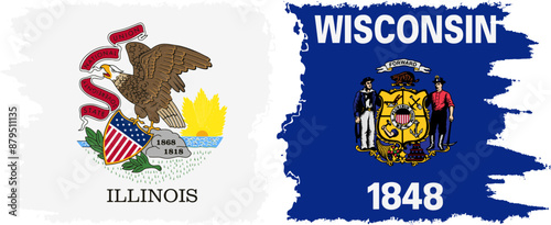 Wisconsin and Illinois states grunge brush flags connection vector