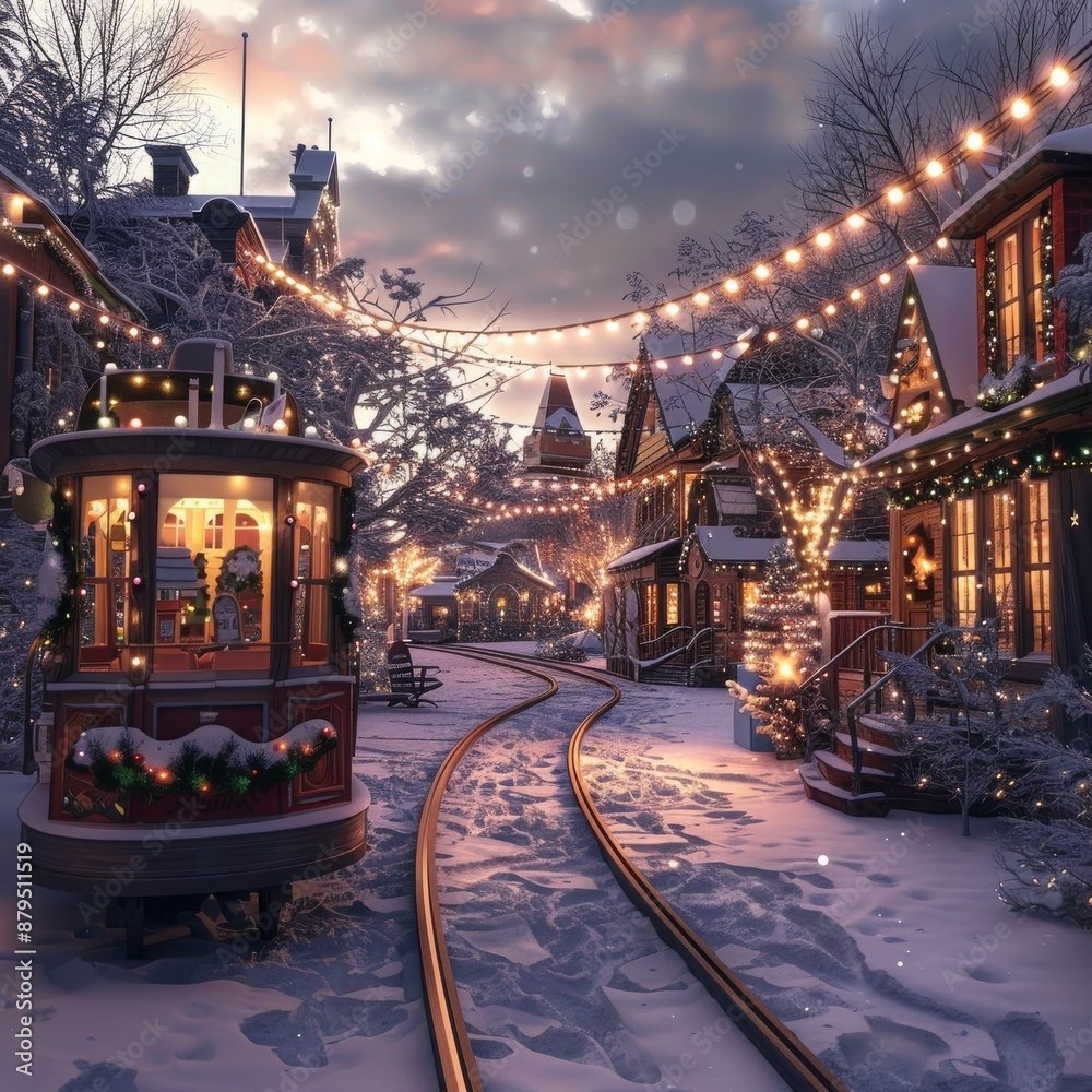 Fototapeta premium This photo shows a winter village in the evening with a Christmas and New Year theme. The background is Christmas.