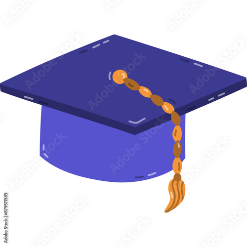 Cute cartoon graduation cap with tassel. Square blue hat for ceremony of graduation university, school or college. Hand drawn academy hat for kids and students. Vector illustration isolated on white