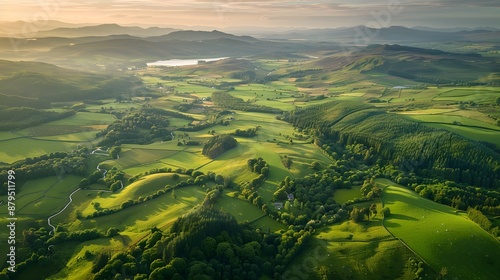 A glider flight over the lush valleys and rolling hills of the Scottish Highlands during the golden hour. The expansive view showcases a tapestry of green fields.