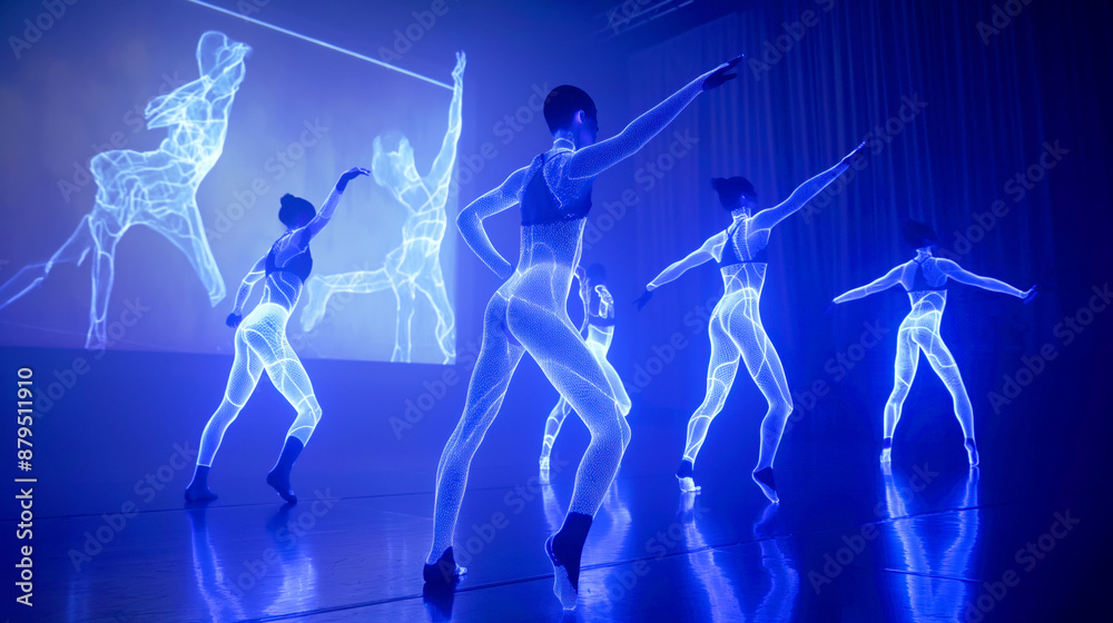 Dancers perform in light-up costumes with holographic animations in the background