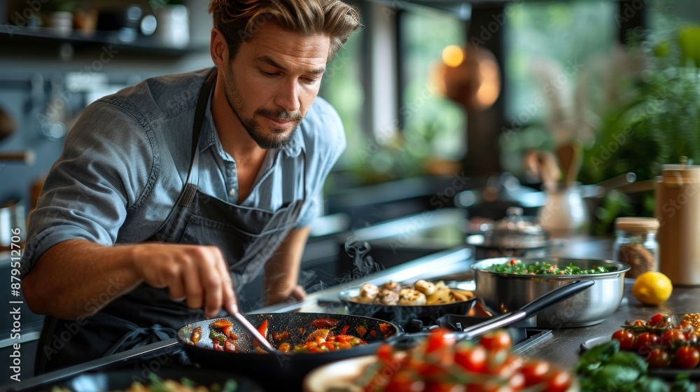 Adult male chef cooking a meal in a modern kitchen, stirring vegetables in a pan on the stovetop, focused on preparing a delicious, healthy homemade dish. Adult male chef cooking a meal in a modern kitchen, stirring vegetables in a pan on the stovetop, focused on preparing a delicious, healthy homemade dish.