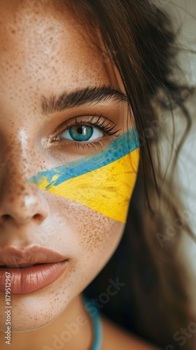 Close-up portrait of a young Ukrainian woman with the Ukrainian flag painted on her cheek, looking confidently into the camera. The image highlights national pride and identity.