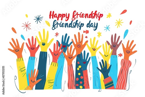 Happy Friendship day colorful typography vector illustration with cute hearts and friendship elements on a blue background. Friendship day poster, banner, greeting card template design.