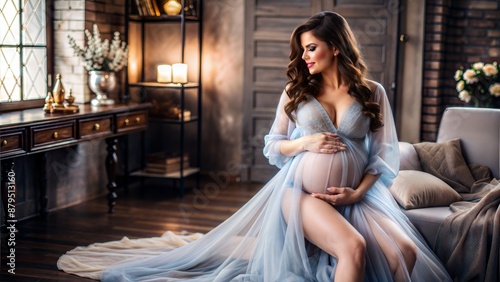 a pregnant woman in a blue dress sitting on a couch