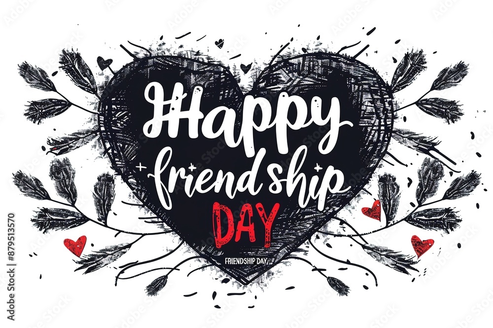Obraz premium Happy Friendship day colorful typography vector illustration with cute hearts and friendship elements on a blue background. Friendship day poster, banner, greeting card template design.