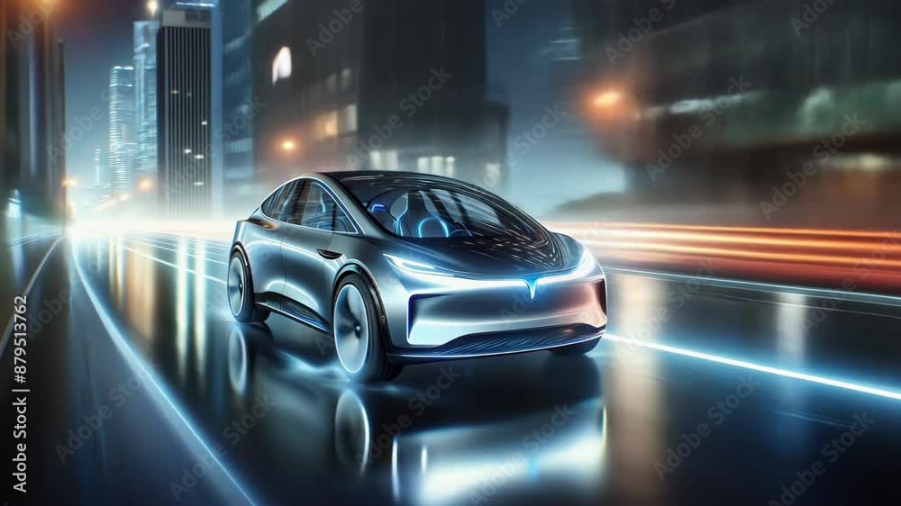 Futuristic electric car driving through a neon-lit city at night, showcasing advanced technology and sleek design on busy urban streets. Futuristic electric car driving through a neon-lit city at night, showcasing advanced technology and sleek design on busy urban streets.