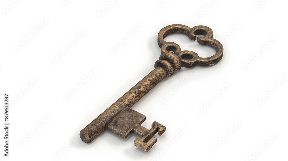 Detailed Antique Metal Key on White Minimalist Background Detailed Antique Metal Key on White Minimalist Background