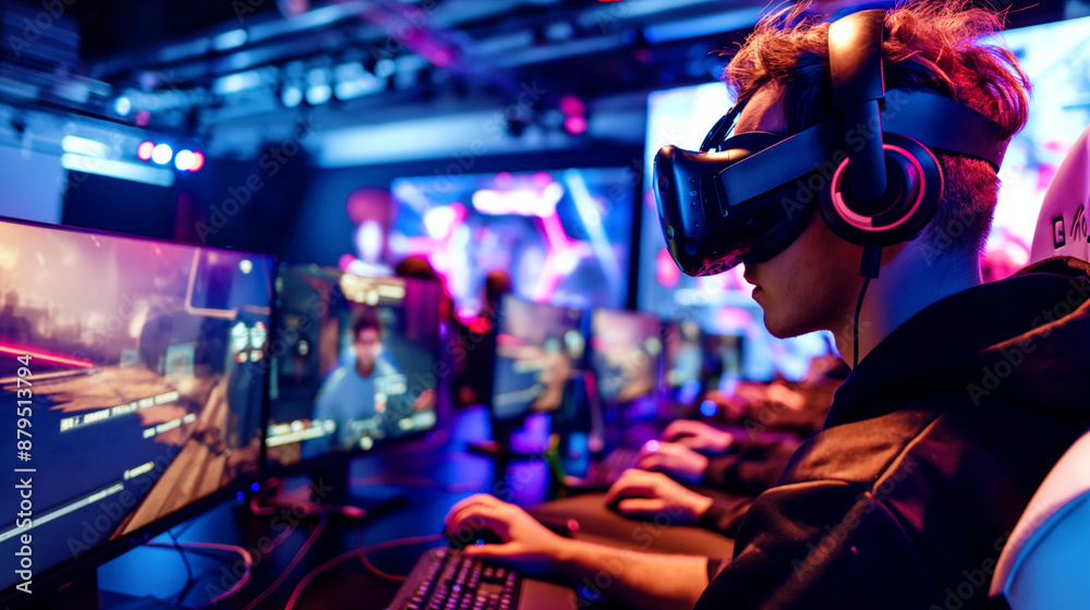 Young gamer using VR headset at a competitive gaming event with multiple screens Young gamer using VR headset at a competitive gaming event with multiple screens