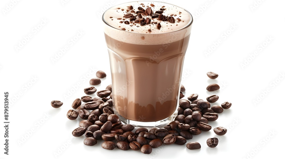 Gourmet Mocha Coffee in a Clear Glass with Coffee Beans on a White Background Gourmet Mocha Coffee in a Clear Glass with Coffee Beans on a White Background