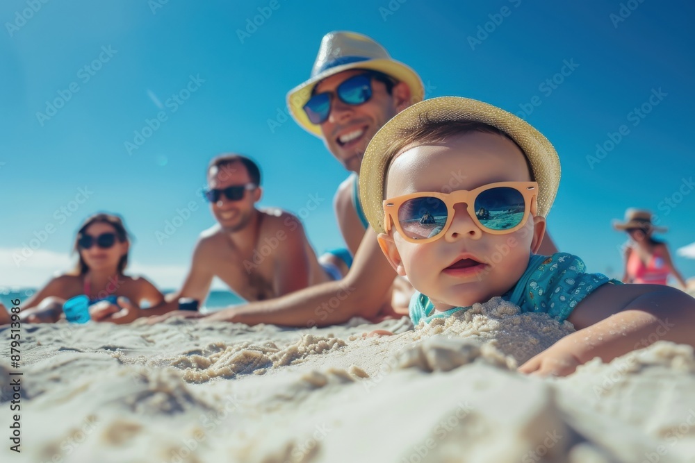 A baby wearing sunglasses lies on the sandy beach, surrounded by other beachgoers, capturing the essence of a fun and sunny day by the ocean. A baby wearing sunglasses lies on the sandy beach, surrounded by other beachgoers, capturing the essence of a fun and sunny day by the ocean.