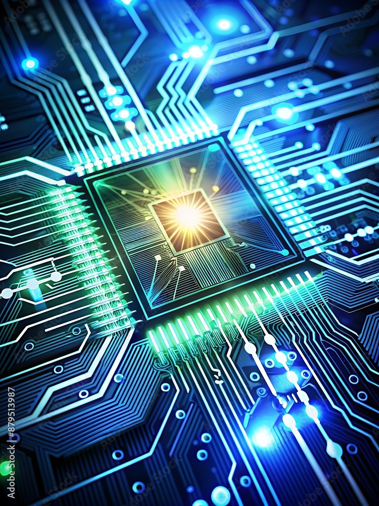 Obraz premium Futuristic Circuit Board with Glowing Elements - Vertical Tech Illustration