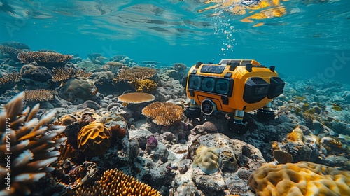 AI system analyzing data from sensors placed in a pristine coral reef, helping to protect and preserve marine ecosystems. photo