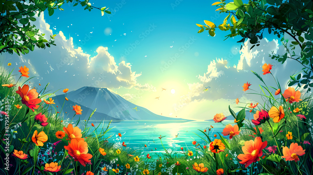 Fototapeta premium beautiful landscape of mountain sea and blue sky vector art and cartoon
