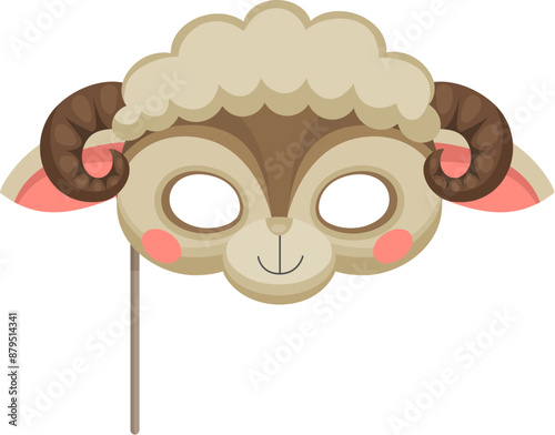 Sheep animal carnival party mask. Festival or birthday costume features soft, curly fur, eye holes, and spiral horns. Vector lamb mask for kids farm-themed parties, theatrical plays, photo booth shoot