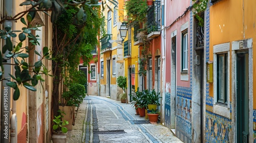 A quaint alley in Lisbon, Portugal, lined with vibrant, multicolored buildings adorned with classic Portuguese azulejos.