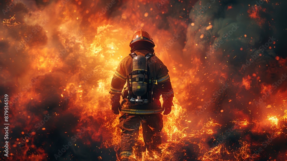 This scene depicts an intense and dramatic firefighter standing with ...