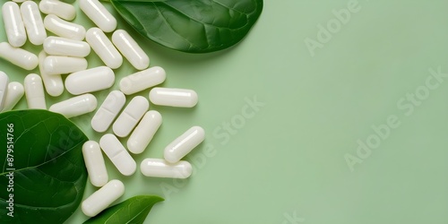 Green background with plant-based collagen supplement pills. Concept Plant-based collagen, Green background, Supplement pills, Natural skincare, Beauty product photo