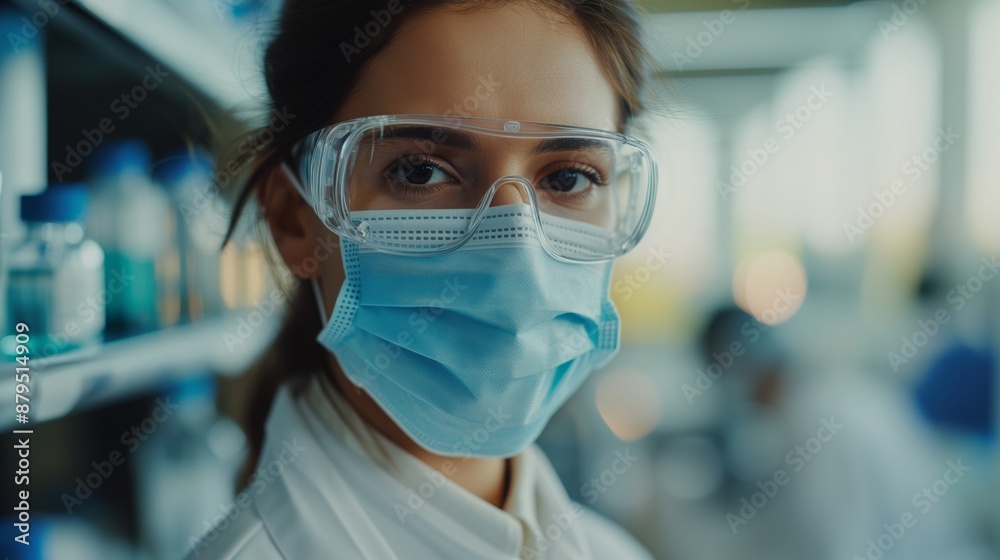 close up woman wearing mask and clear glasses
