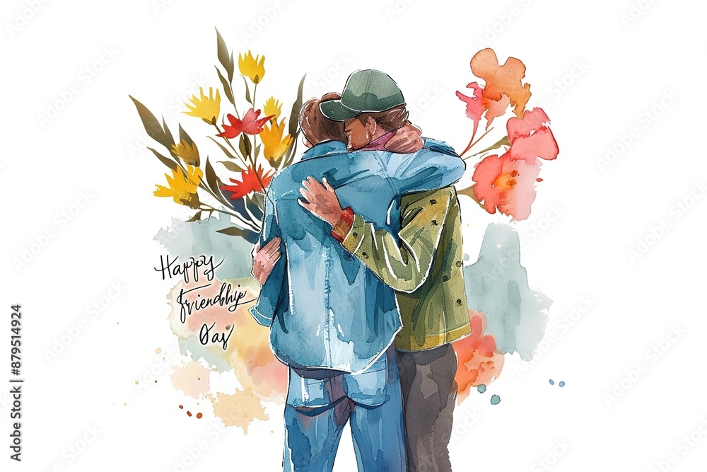 Fototapeta premium Happy Friendship day colorful typography vector illustration with cute hearts and friendship elements on a blue background. Friendship day poster, banner, greeting card template design.