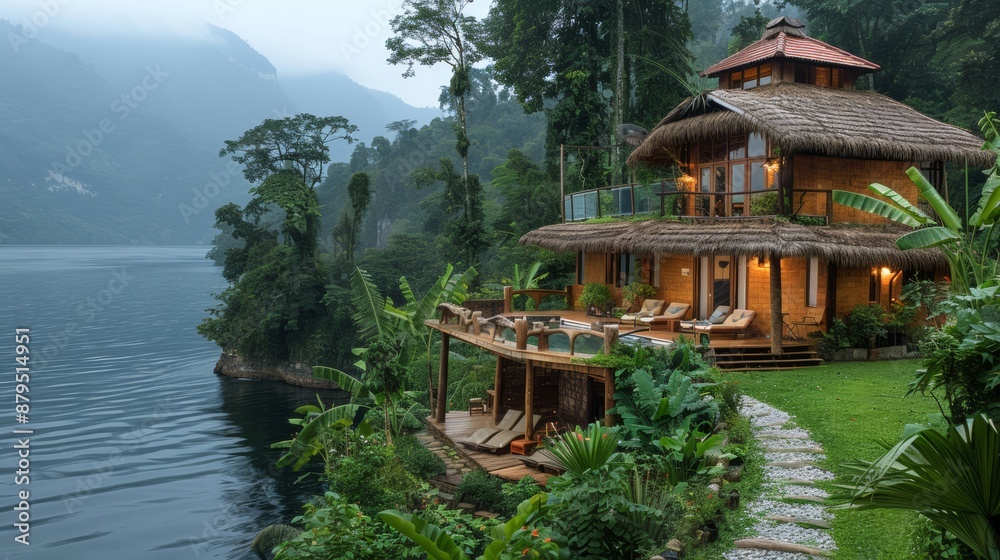 Obraz premium Travelers exploring eco-friendly accommodations and green initiatives, promoting sustainable tourism and preserving natural environments.