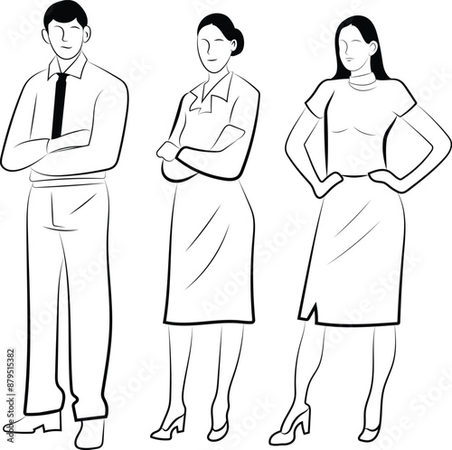 Business people illustration, Isolated succesful bussiness team, Hand drawn in thin line style