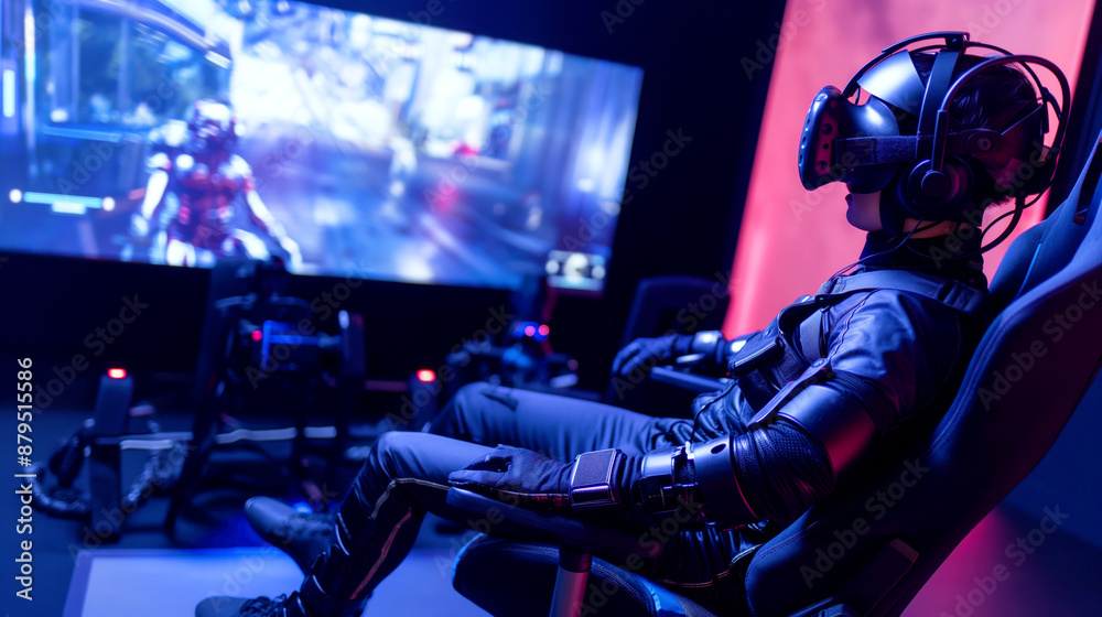 Person in a VR headset enjoying an advanced virtual reality game in a dynamic illuminated setting Person in a VR headset enjoying an advanced virtual reality game in a dynamic illuminated setting