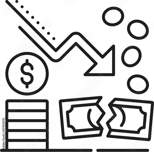 Financial problems line icon of income revenue or budget money decrease, outline vector. Banking business problem or company financial recession and economic decline on market or profit downturn
