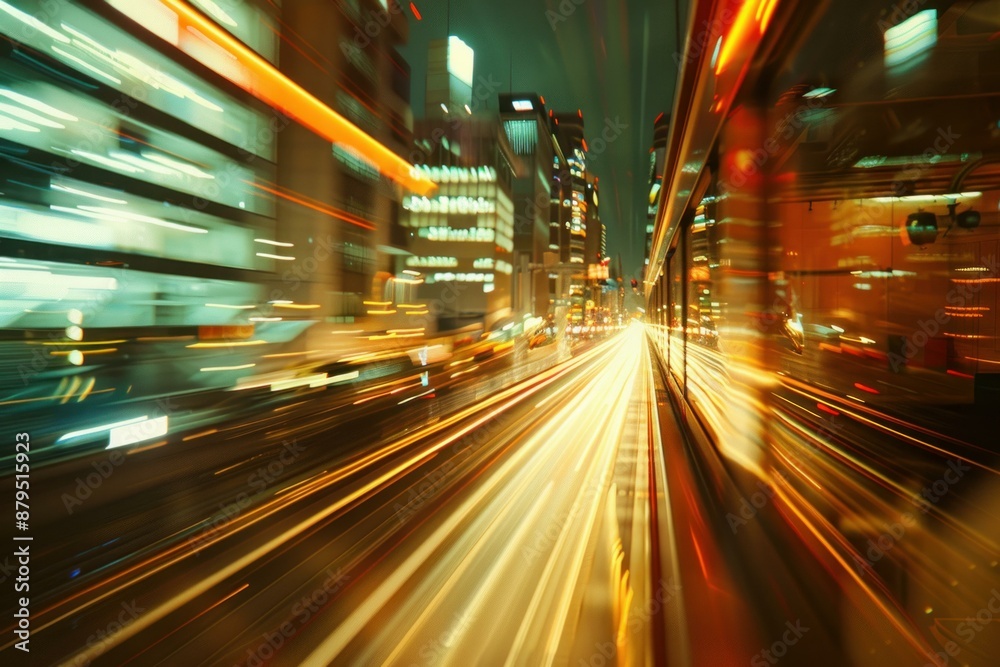 Light trails from a train speeding through a city at night Light trails from a train speeding through a city at night