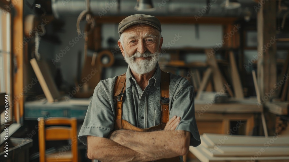 An image of a senior caucasian male industrial designer who is working in his own workshop, needing skills such as material knowledge, creativity, innovation, and design knowledge. AIG43. An image of a senior caucasian male industrial designer who is working in his own workshop, needing skills such as material knowledge, creativity, innovation, and design knowledge. AIG43.