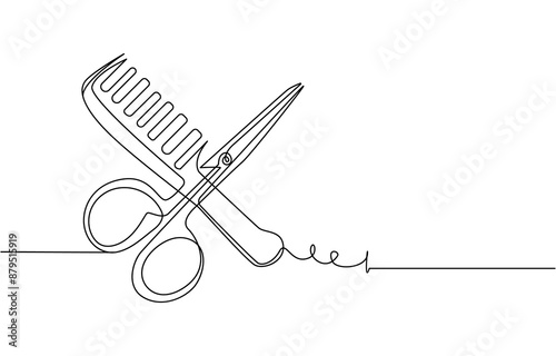 Scissors and comb business icon. Continuous thin line drawing. Vector illustration, Scissor and comb continuous one line drawing vector illustration, One continuous line drawing of comb and scissor.