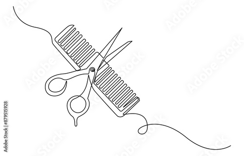 Scissors and comb business icon. Continuous thin line drawing. Vector illustration, Scissor and comb continuous one line drawing vector illustration, One continuous line drawing of comb and scissor.