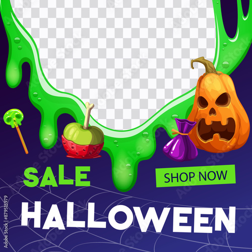 Halloween sale and offer banner, green slime frame. Halloween holiday shopping sale special offer advertising vector poster with pumpkin face, creepy dessert treats, spider cobweb and dripping slime