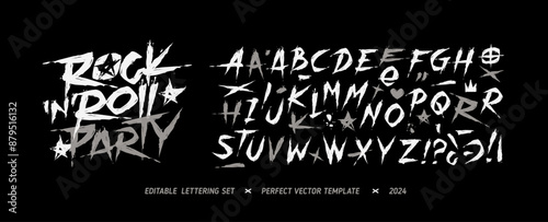 Rock Music Party vintage grunge Font Type alphabet with vector signs and symbols. Street Art grunge type font. Punk Rock style elements collection for tee print and textile design