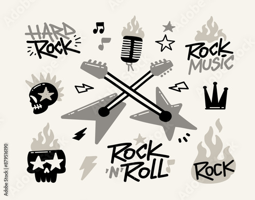 Rock Party Elements Doodle Vector Set 1. Rock Music icons set of rockers guitar, skull, fire or flame, microphone, crown etc. Punk Rock icons collection. Rock n Roll pattern elements for print design