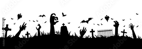 Zombie hands silhouettes on scary cemetery landscape. Autumn horror season, Halloween creepy vector background with zombie or living dead hands silhouettes sticking from underground on cemetery