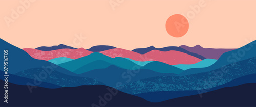 Abstract mountain landscape background, Nature wall decor, art print, minimalist panorama hill, adventure and travel view design. Vector illustration