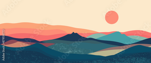 Abstract mountain landscape background, Nature wall decor, art print, minimalist panorama hill, adventure and travel view design. Vector illustration