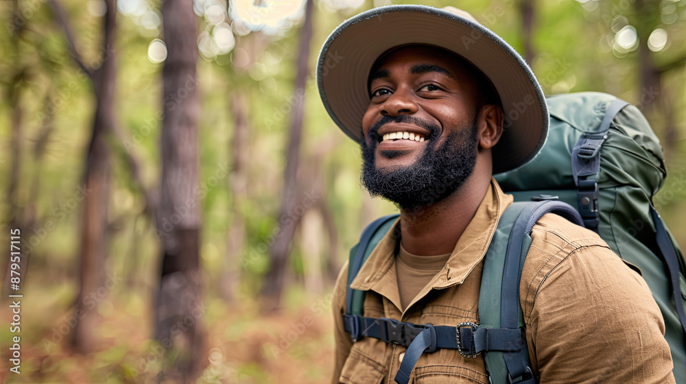 Smiling Black Man Hiking Wearing Hat: Joyful Outdoor Adventure, African American Hiker, Nature Exploration, Scenic Trail Walk Smiling Black Man Hiking Wearing Hat: Joyful Outdoor Adventure, African American Hiker, Nature Exploration, Scenic Trail Walk