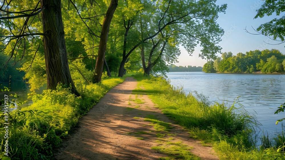 A serene scene of an outdoor trail along a riverbank, with lush green grass and trees lining both sides. The well-maintained path is for walking or running. A serene scene of an outdoor trail along a riverbank, with lush green grass and trees lining both sides. The well-maintained path is for walking or running.