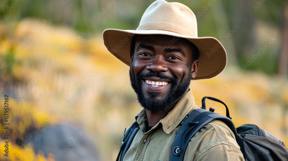 Smiling Black Man Hiking Wearing Hat: Joyful Outdoor Adventure, African American Hiker, Nature Exploration, Scenic Trail Walk Smiling Black Man Hiking Wearing Hat: Joyful Outdoor Adventure, African American Hiker, Nature Exploration, Scenic Trail Walk