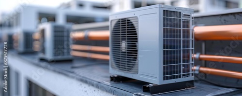 Air conditioner and heat pump on the roof of an industrial building with orange pipes