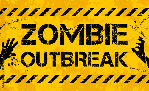 Halloween zombie outbreak warning caution. Zombie apocalypse, dangerous brain virus infection or evil monsters invasion vector background or banner with hands and grungy typography