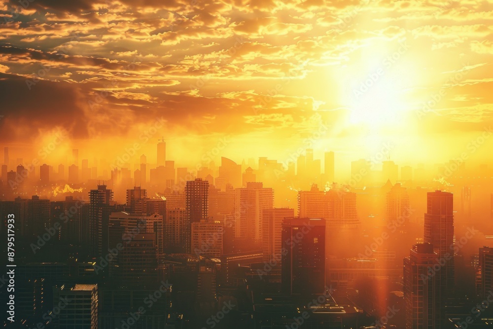 Dense urban cityscape bathing in warm light with sun shining over buildings at sunset Dense urban cityscape bathing in warm light with sun shining over buildings at sunset