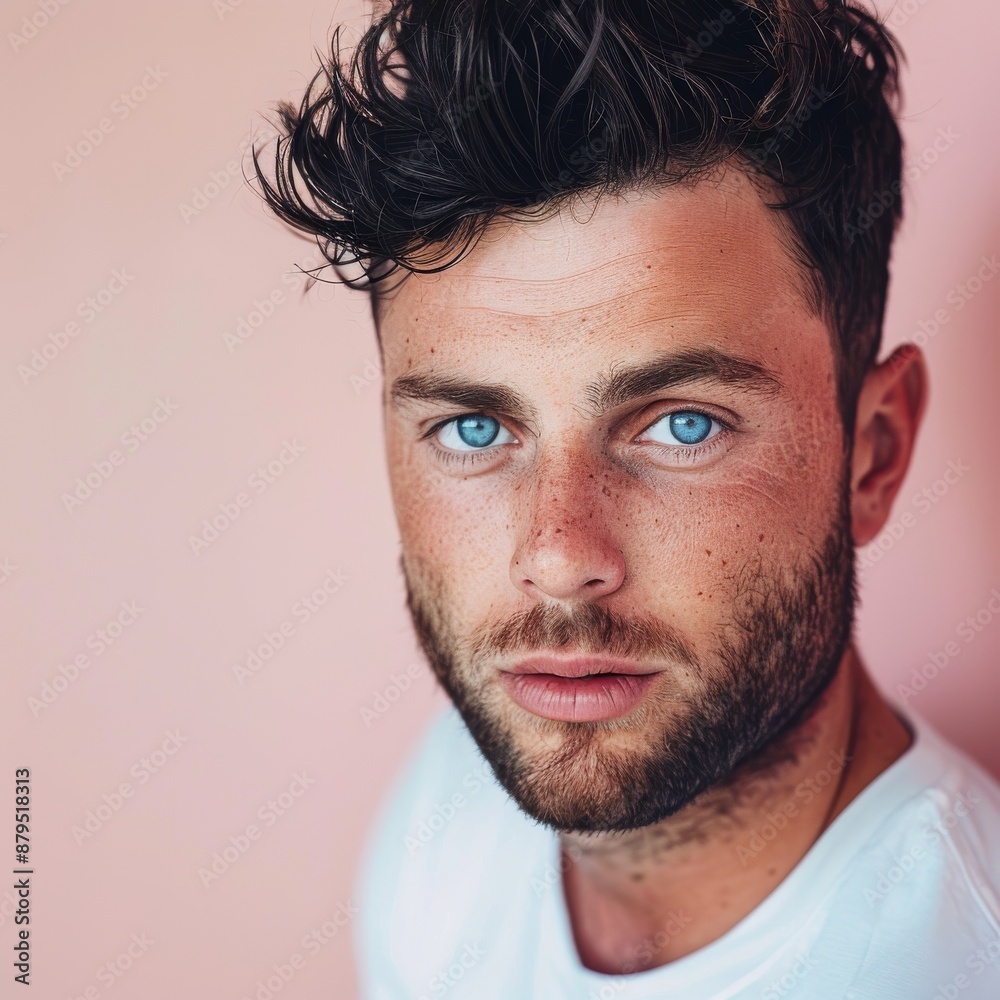 Fototapeta premium On a pink background, a man with short hair and blue eyes