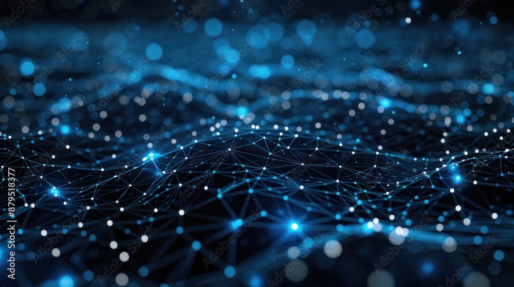 Abstract background of glowing blue particles connected by lines and triangles. Concept of technology, data, science, network, and communication. Abstract background of glowing blue particles connected by lines and triangles. Concept of technology, data, science, network, and communication.